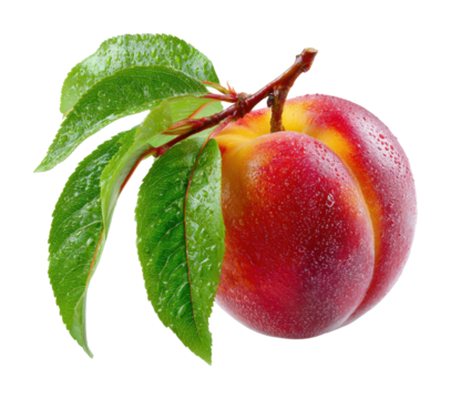 Fresh juicy peach with green leaves natural light isolated on transparent background