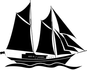 Vector illustration of a traditional sailing ship with large black sails on the sea in a minimalist silhouette style