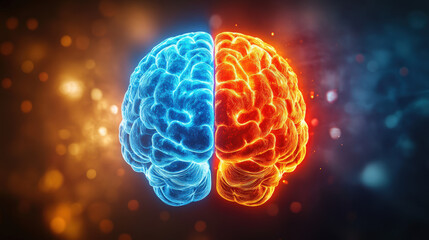 Fototapeta premium Brain silhouette split left plain clay texture right colorful glowing abstract creative concept science anatomy human mind intelligence medical