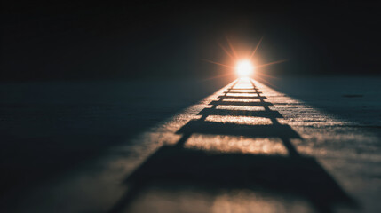 Ladder shadow leads toward glowing light in darkness, symbolizing hope, progress, and achievement with dramatic perspective and contrast