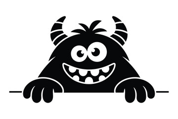 Cute black monster with big eyes and horns peeking over a surface © MDANTOR