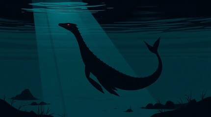 Silhouette of lake monster with long neck and glowing red eye swimming underwater