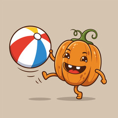 A cheerful pumpkin with curly green stem plays with a colorful beach ball, smiling widely and lifting one leg on a plain beige background.