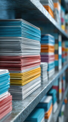 Stack of paper printing color office document stationery supply shelf convey organized workflow and calm focus in modern print room