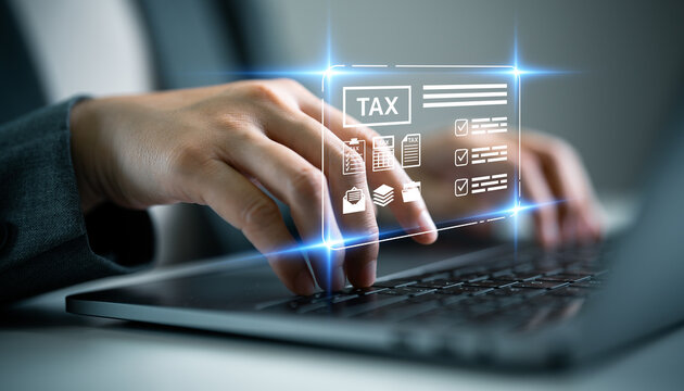 Businesswoman using laptop to complete online tax documents with digital checklist and financial icons. Concept of e-tax filing, digital finance, tax consultants, accountant and secure tax management.