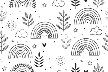 Whimsical boho rainbows clouds stars and twigs seamless pattern hand drawn nursery art for baby clothes textiles and decor