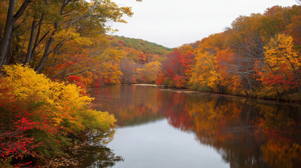 Autumn River Meander with Golden Trees Reflected in Calm Water &mdash; Overhead Vista