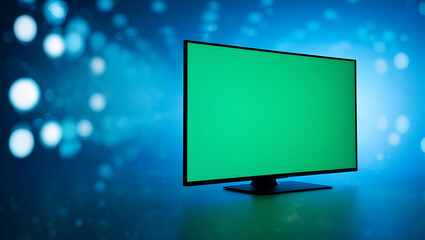 Modern Digital Television Display Showing Vibrant Green Screen Against A Futuristic Blue Bokeh Background With Rays Of Light Illuminating The Scene Creating An Atmospheric Visual Effect