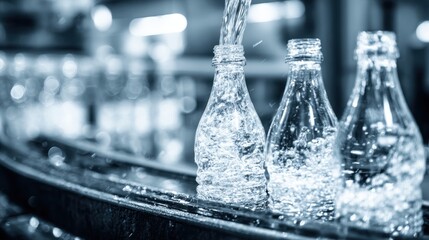 Water is Being Bottled in a Production Line with Clear Bottles Under Bright Industrial Lighting, Showcasing the Bottling Process in a Modern Factory Setting
