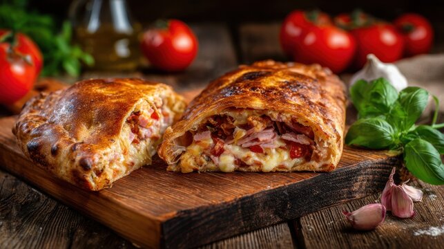 Delicious Homemade Calzone with Melted Cheese, Fresh Vegetables, and Savory Meat on a Rustic Wooden Table Surrounded by Ingredients and Decor