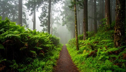 Fototapeta premium Mystical Forest Path - A Journey Through Verdant Greenery and Fog.