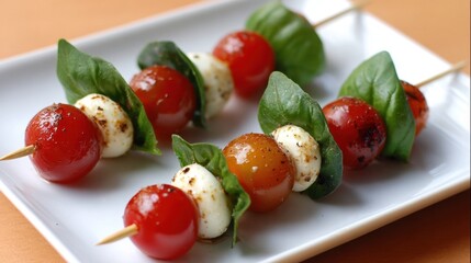 Colorful Skewers of Cherry Tomatoes, Fresh Basil, and Mozzarella Balls Arranged on a Plate, Perfect for Summer Appetizers or Party Snacks