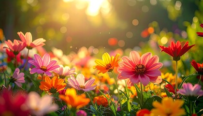 Vibrant Colorful Flower Field in Sunlight.