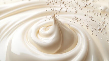 dynamic 3d-style cream swirl bursting upward with tiny milk beads arcing outward, subtle shadows adding depth