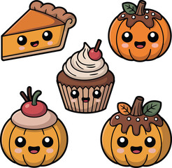 Obraz premium Cute pumpkin desserts and pie slice cupcake sweet