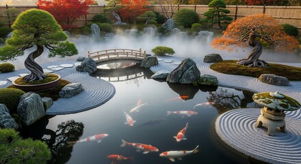 Autumn forest with golden sunlight rays shining through colorful fall trees, misty woodland nature scenery, seasonal landscape background