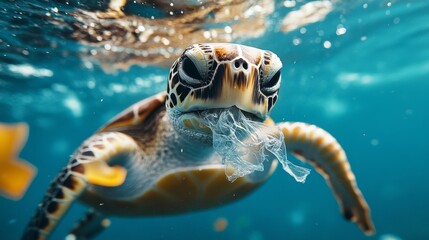 Obraz premium close-up of turtleâ€™s head and beak capturing shredded plastic film, surrounded by drifting debris in clear blue ocean