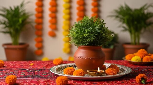 Spiritual Tulsi Plant Puja Ceremony with Diyas and Flowers