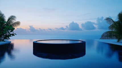 modern circular stand partially submerged in azure pool, backdrop of tropical foliage and calm ocean at dusk