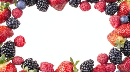 rectangular berry wreath of strawberries raspberries blackberries blueberries and gooseberries edging an empty center