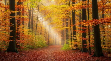 Autumn forest with golden sunlight rays shining through colorful fall trees, misty woodland nature scenery, seasonal landscape background