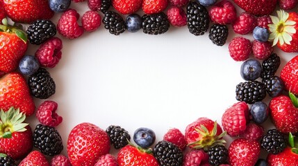 rectangular berry wreath of strawberries raspberries blackberries blueberries and gooseberries edging an empty center