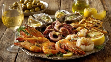 A Vibrant Seafood Platter Displaying Fresh Shrimp, Oysters, Grilled Octopus, and Accompaniments Surrounded by Olive Oil, Lemons, and White Wine on Rustic Table