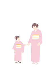 フラットイラスト　手をつなごうとしている和服姿の親子 桜色