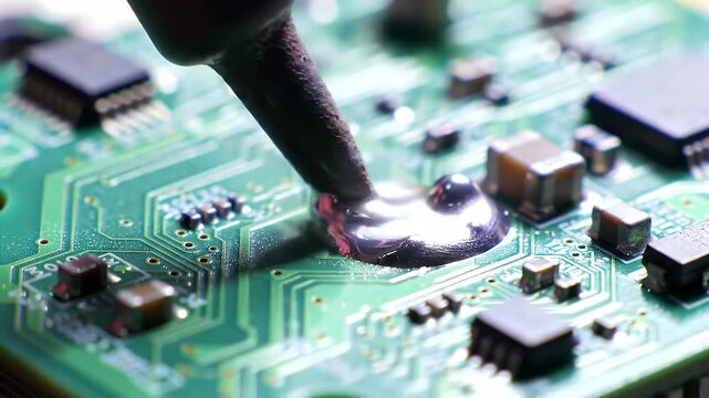 A person is touching a circuit board with a finger. The board is green and has a silver object on it