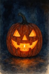 Watercolor illustration of carved Halloween pumpkin with glowing candle inside on dark background. Spooky lighting and seasonal holiday decor concept