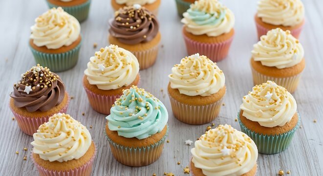 Variety of cupcakes, adorned with golden sprinkles and vibrant frostings