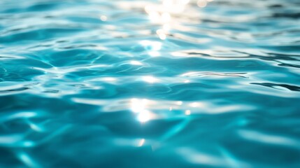 shallow close-up of tranquil blue water surface with gentle ripples and soft bokeh highlights reflecting sunlight