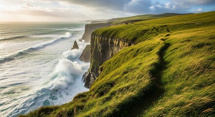 Dramatic coastal cliffs with crashing ocean waves, lush green meadows and wildflowers, scenic travel landscape background