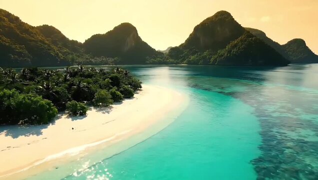 An idyllic tropical paradise featuring a pristine white sand beach curving into a crystal-clear turquoise lagoon with lush green mountains