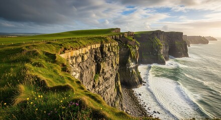 Dramatic coastal cliffs with crashing ocean waves, lush green meadows and wildflowers, scenic travel landscape background