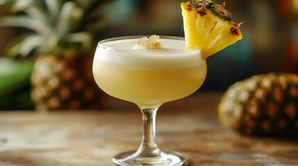 Cocktail malibu pineapple with pineapple on the table