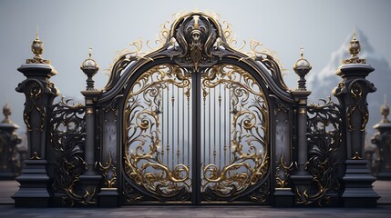 Magnificent wrought iron gate with intricate gold accents evoking classical opulence