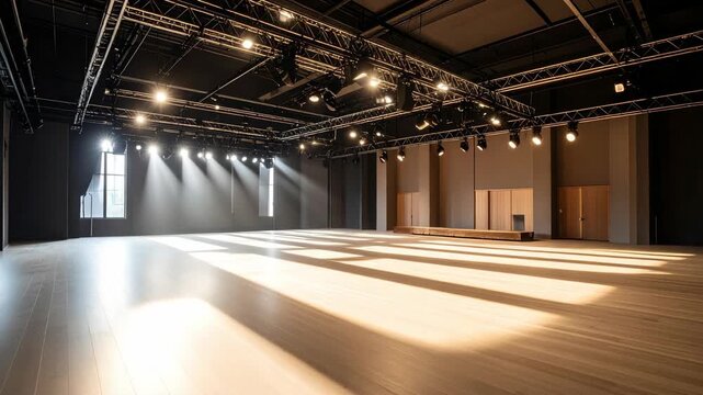 Large empty event space illuminated by sunbeams, featuring hardwood flooring and overhead stage lighting equipment.