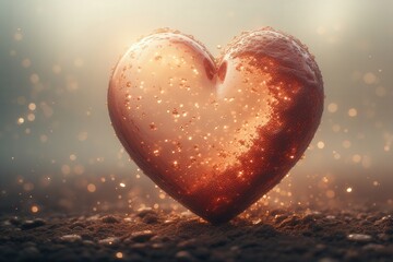 Fototapeta premium A glowing amber heart-shaped object resting on a textured surface, illuminated by soft golden light with sparkling particles floating around, evoking warmth, love, and magic
