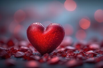 Fototapeta premium A shiny red heart resting on a bed of scattered rose petals, with soft bokeh lights in the background, evoking romance and love