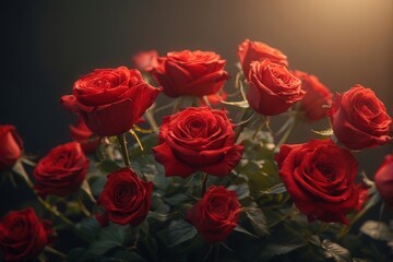A stunning bouquet of deep red roses illuminated by soft, warm light, creating a romantic and dramatic atmosphere with rich textures and shadows