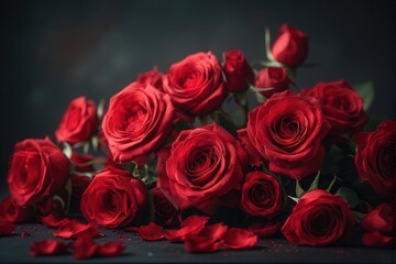 Naklejka premium A dramatic arrangement of deep red roses with scattered petals on a dark background, creating a luxurious and passionate romantic atmosphere