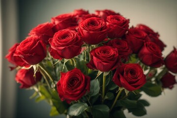 Obraz premium A close-up of a lush bouquet of vibrant red roses with rich petals and green foliage, captured in soft, natural lighting for a romantic and elegant effect