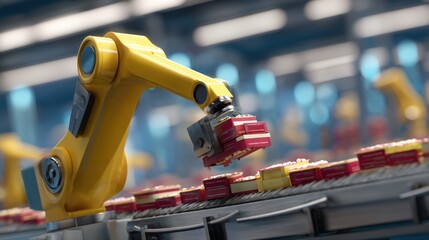 Robotic Arm in Modern Factory Environment, Engaged in Precision Manufacturing of Colorful Components on Automated Production Line