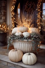 Fall porch decor with pumpkins and fairy lights
