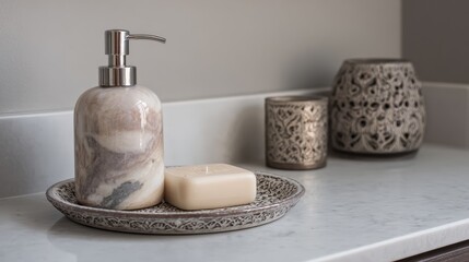 Bathroom countertop with soap dispenser, soap, and decorative candle holders.