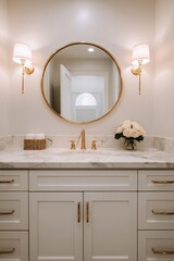 Elegant bathroom interior with a gold-framed mirror and floral arrangement.