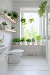 Bright and airy bathroom with lush greenery and natural light.