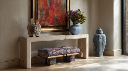 Elegant hallway decor with artwork, console table, and decorative items.