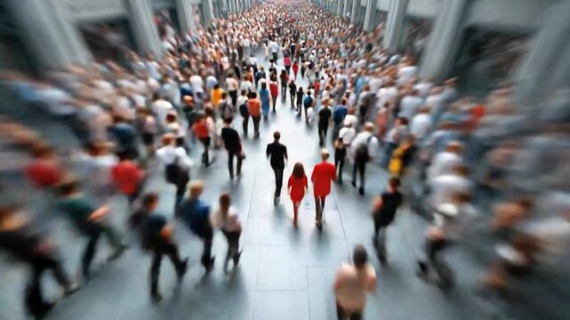 Collective Convergence: A bustling crowd of individuals converge, the dynamic energy of the scene captured through an artful zoom blur, offering a unique perspective on humanity.